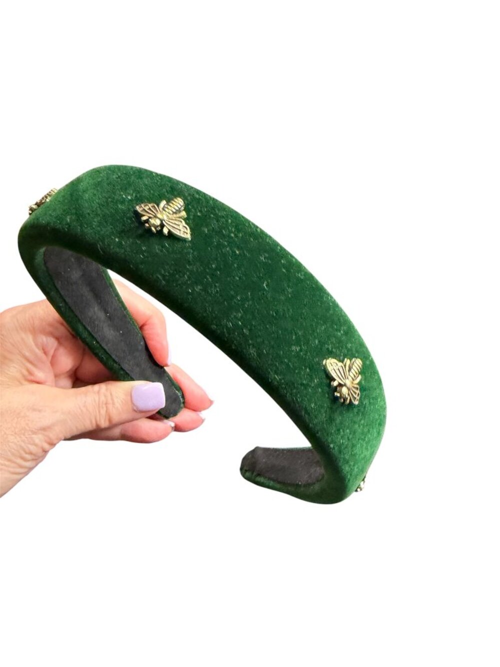 HEADBAND IN GREEN VELVET WITH BUMBLE BEE ACCENT